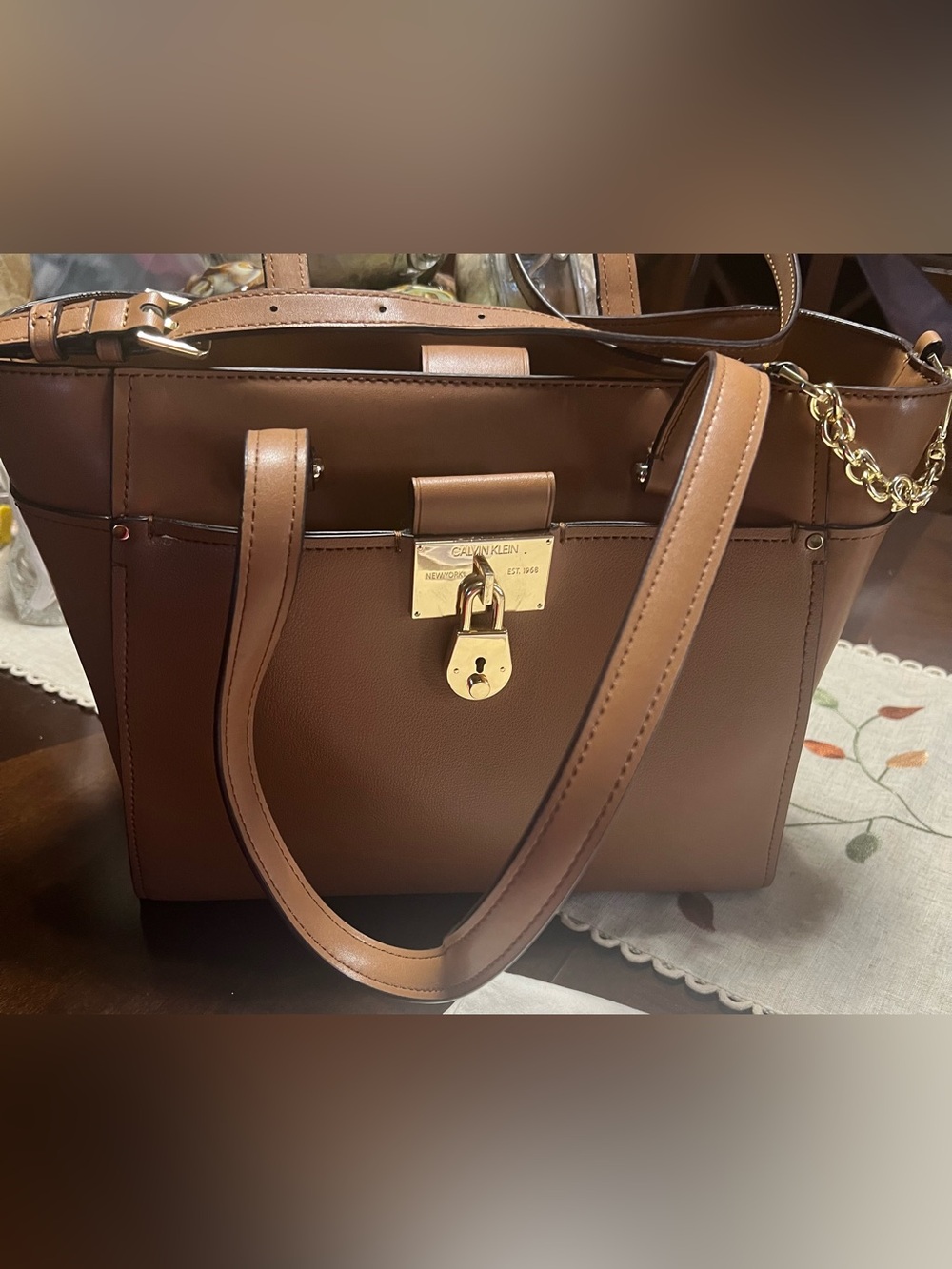 Calvin Klein Chestnut Brown Structured Satchel with Gold Hardware - Picture 1 of 9